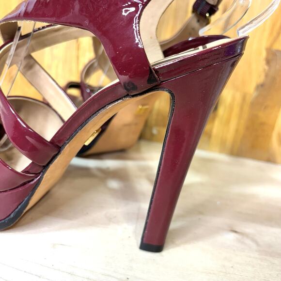 Pour le Victoire Burgundy Patent Leather Platform Strappy Heels 9 - Picture 9 of 12